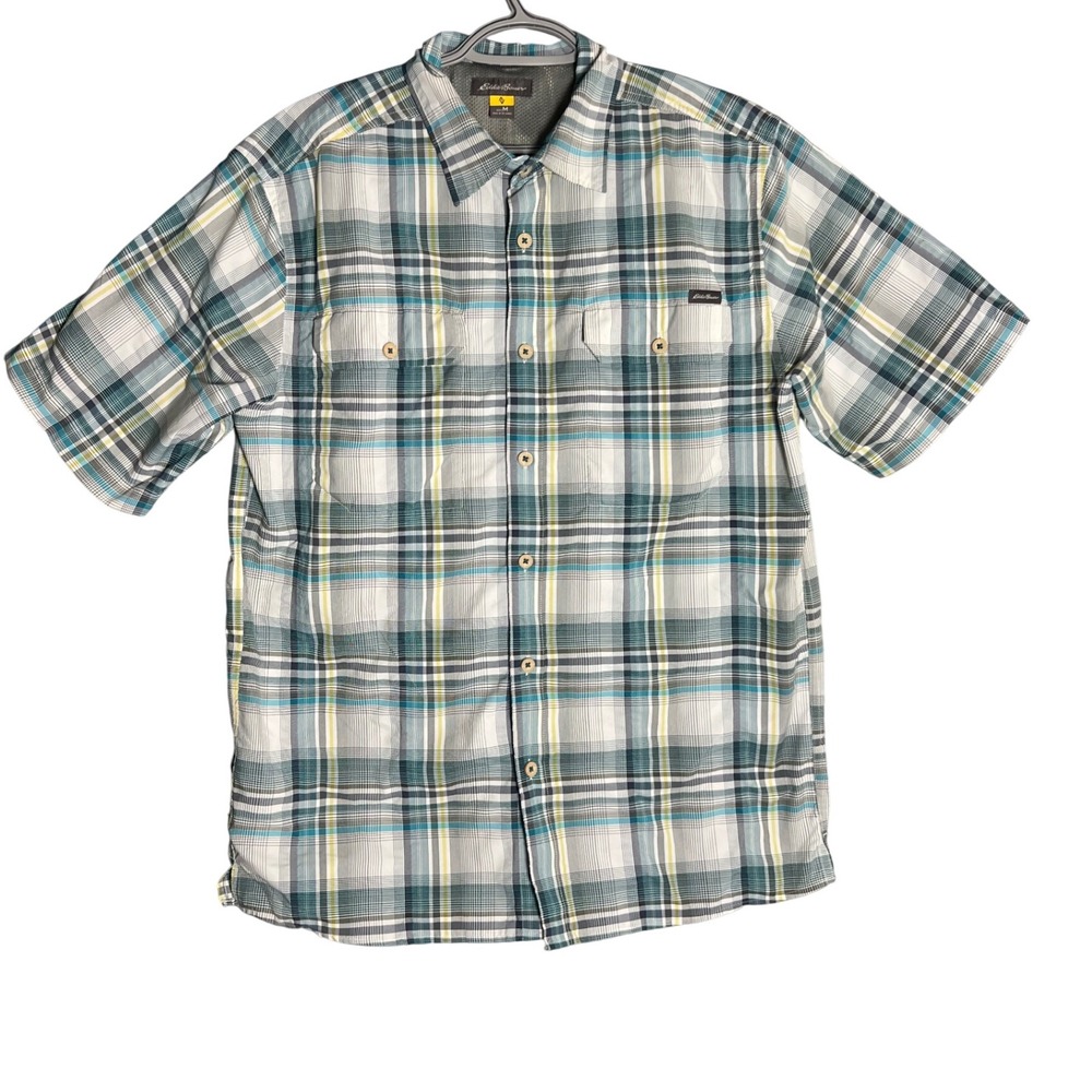 Eddie Bauer Mens Button‎ Down Short Sleeve Green Plaid Shirt Medium Fishing
